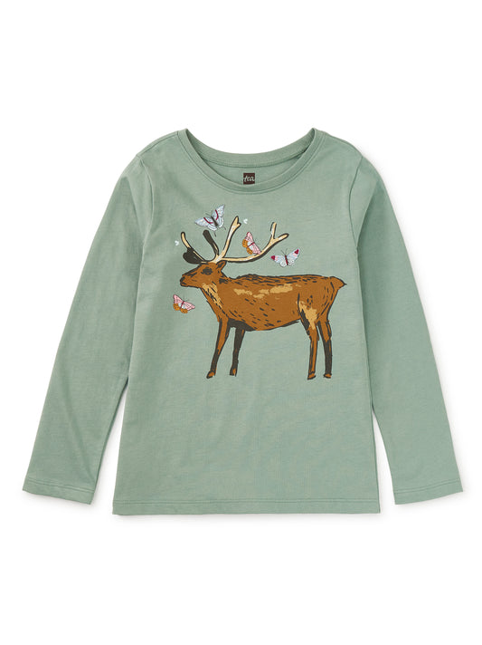 Tea Collection Girls Green Deer Long Sleeve T-Shirt Size: 5T Green Deer
