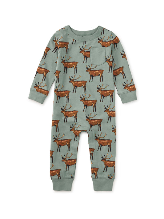 Tea Collection Boys Green Deer Romper Size: 6-9 Months Green Deer