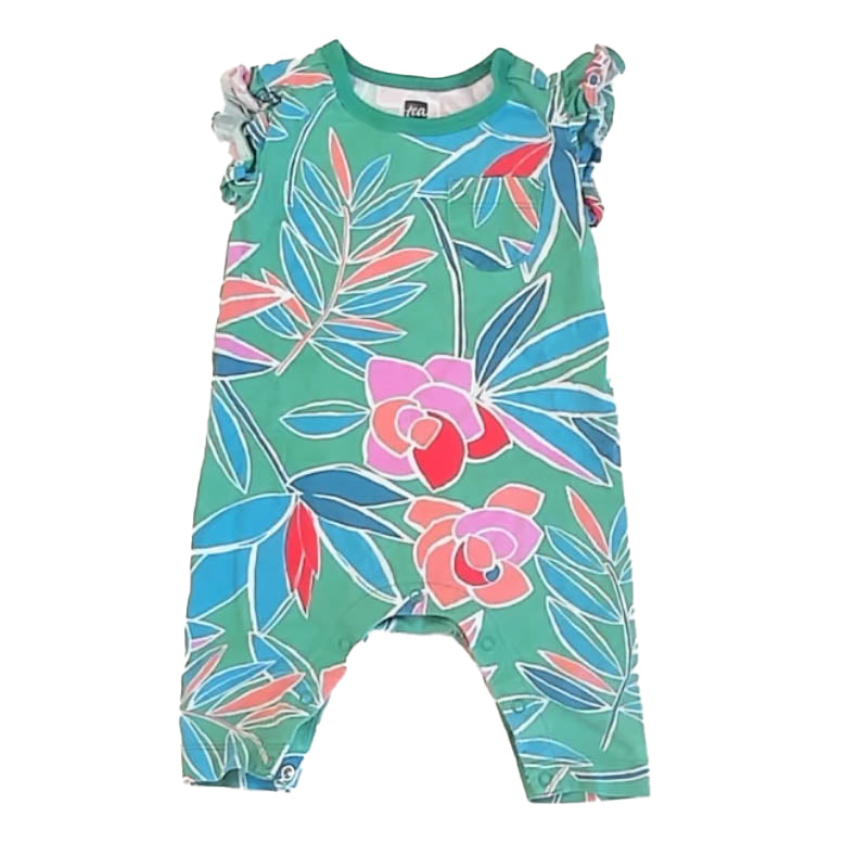 Tea Collection Girls Green Floral Romper Size: 0-3 Months Green Floral
