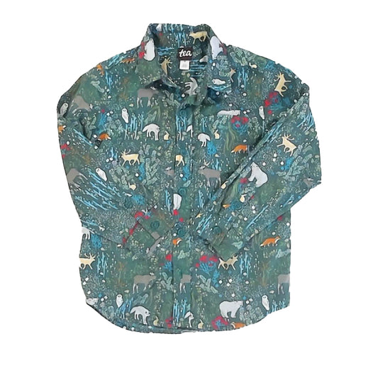 Tea Collection Boys Green Forest Button Down Long Sleeve Size: 5T Green Forest