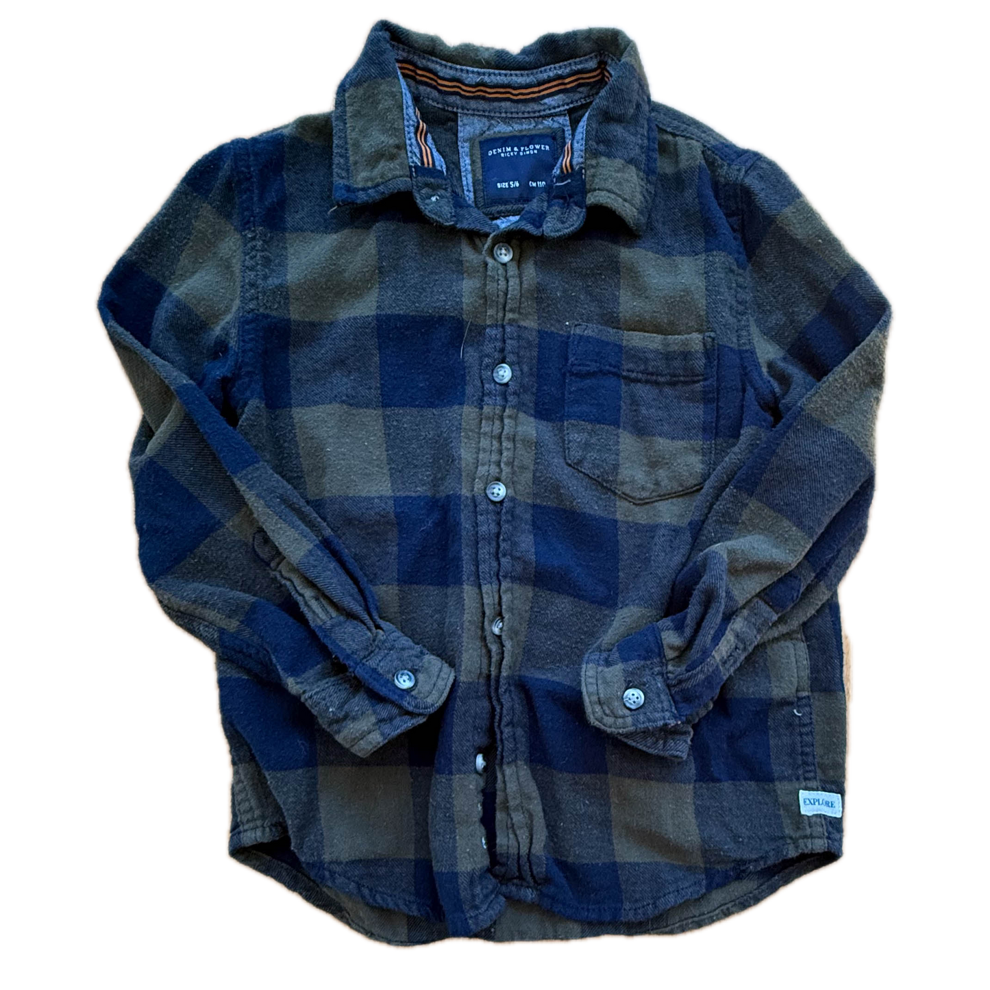 Denim & Flower Boys Green | Navy Check Button Down Long Sleeve Size: 5-6 Years Green | Navy Check