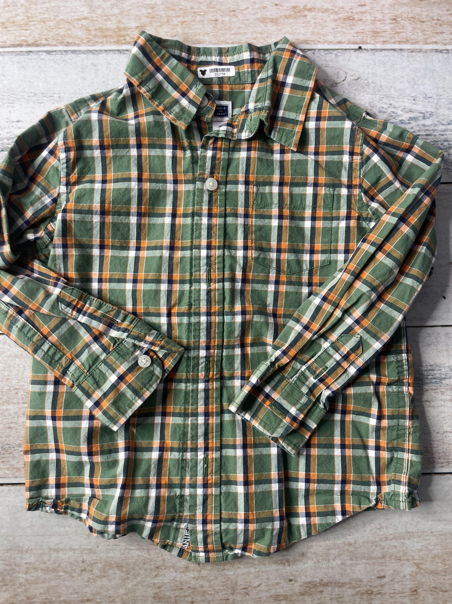 Janie and Jack Boys green | orange | Navy Blue | plaid Button Down Short Sleeve Size: 3T green | orange | Navy Blue | plaid
