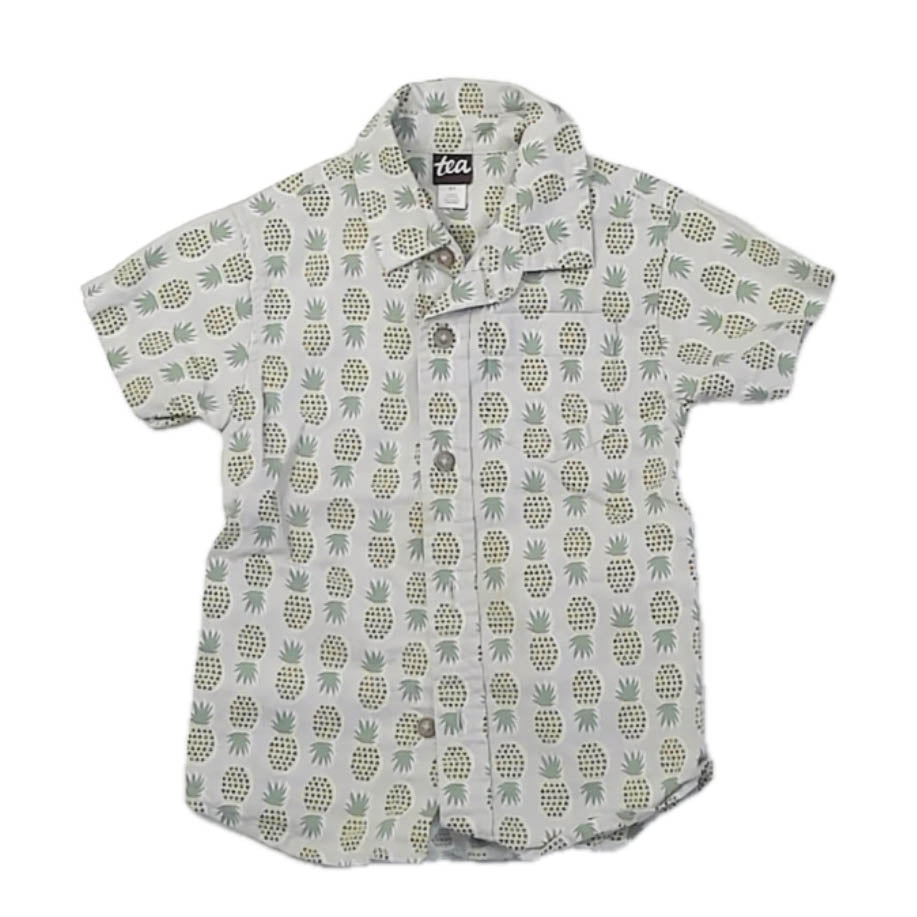 Tea Collection Girls Green Pineapples Button Down Short Sleeve Size: 3T Green Pineapples