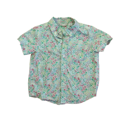 Janie and Jack Boys Green | Pink Floral Button Down Short Sleeve Size: 18-24 Months