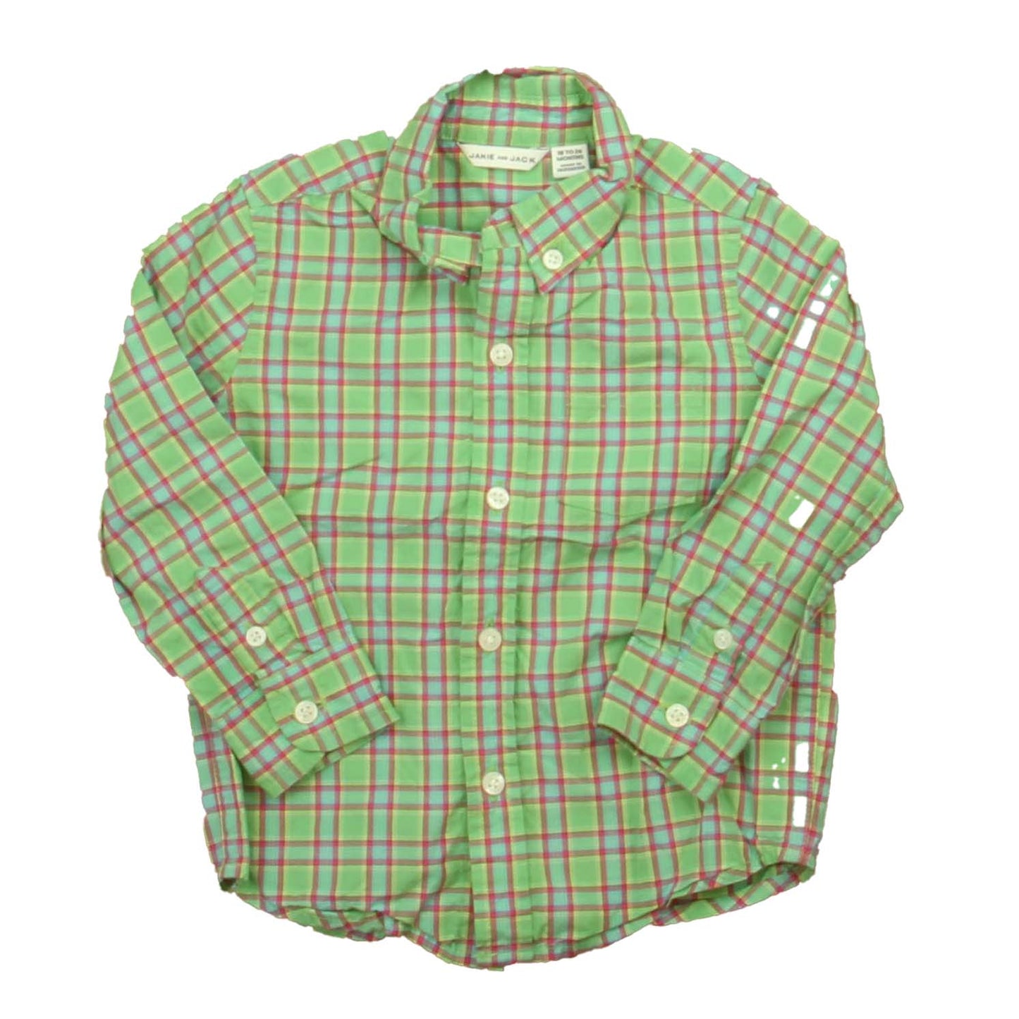 Janie and Jack Boys Green | Pink Plaid Button Down Long Sleeve Size: 18-24 Months Green | Pink Plaid