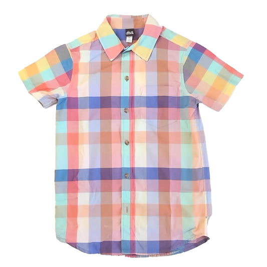 Tea Collection Boys Green | Pink | Yellow Check Button Down Short Sleeve Size: 12 Years Green | Pink | Yellow Check