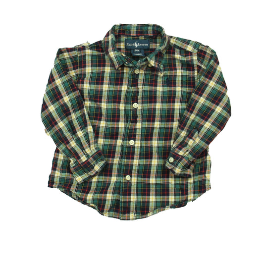 Ralph Lauren Boys Green | Red Plaid Button Down Long Sleeve Size: 24 Months Green | Red Plaid