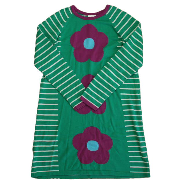 Hanna Andersson Girls Green Stripe | Purple Flower Sweater Dress Size: 14-16 Years