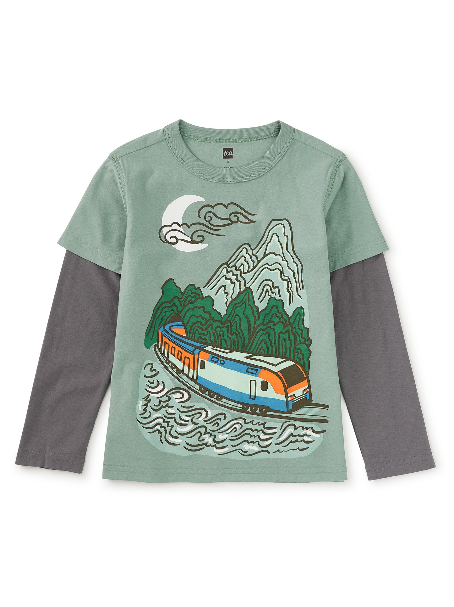 Tea Collection Boys Green Train Layered Long Sleeve T-Shirt Size: 5T Green Train Layered