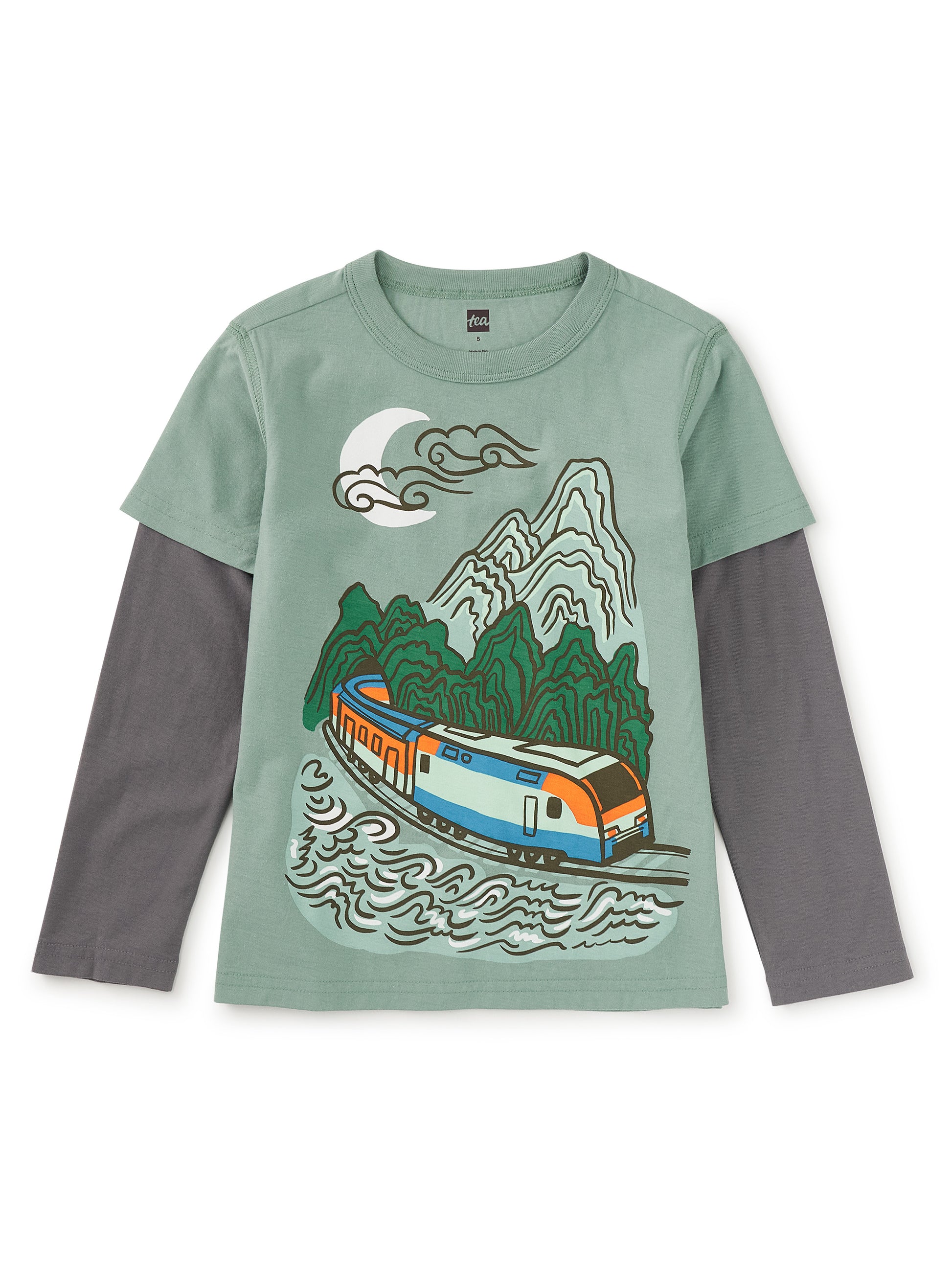 Tea Collection Boys Green Train Layered Long Sleeve T-Shirt Size: 5T Green Train Layered