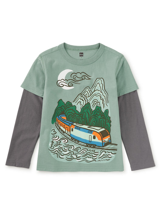 Tea Collection Boys Green Train Layered Long Sleeve T-Shirt Size: 5T Green Train Layered