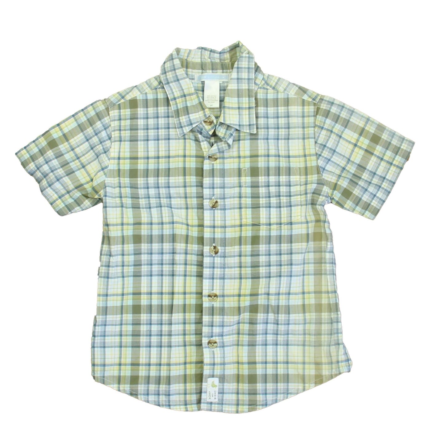 Janie and Jack Boys Green | White | Blue Plaid Button Down Short Sleeve Size: 3T