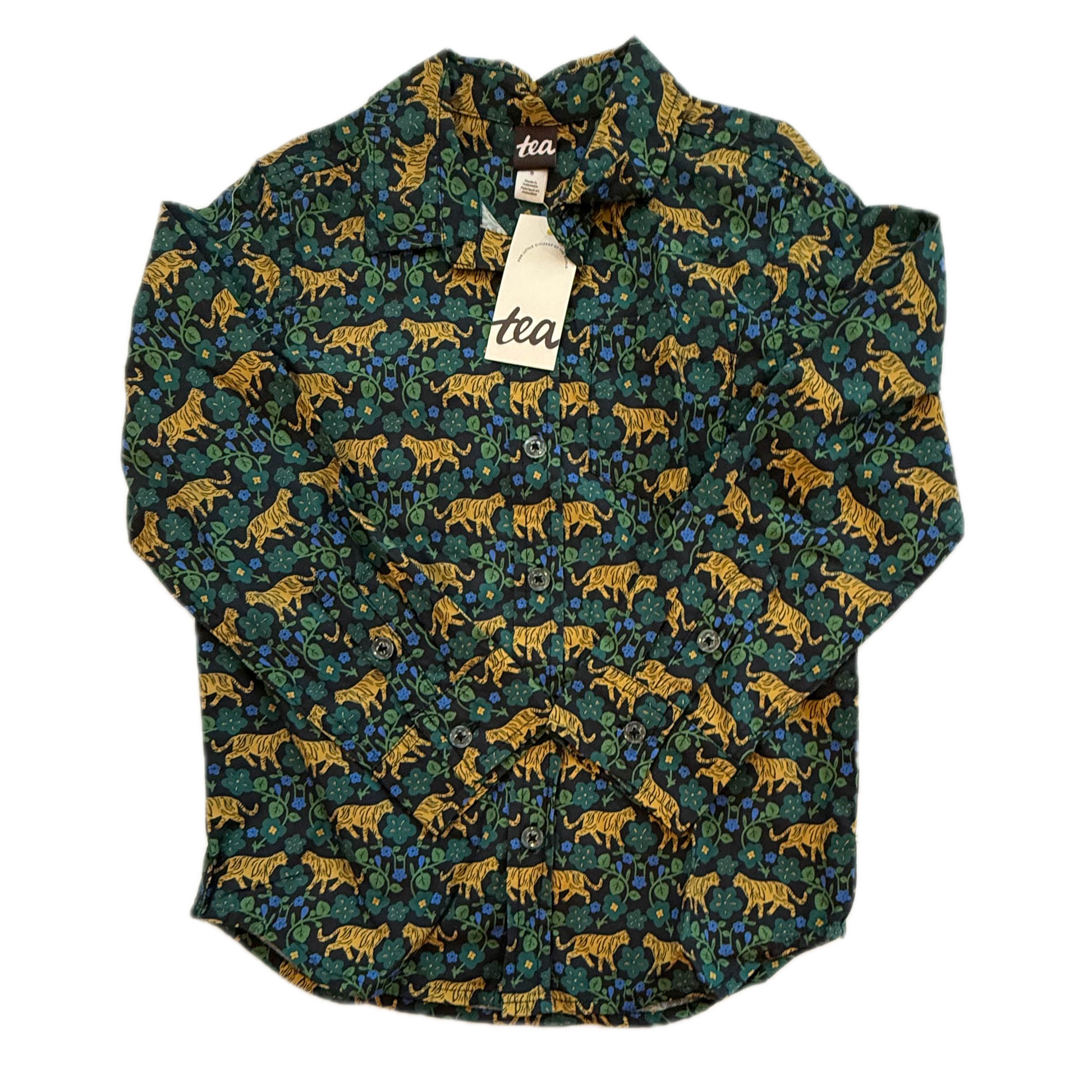 Tea Collection Boys Green | Yellow Tigers Button Down Long Sleeve Size: 5T Green | Yellow Tigers