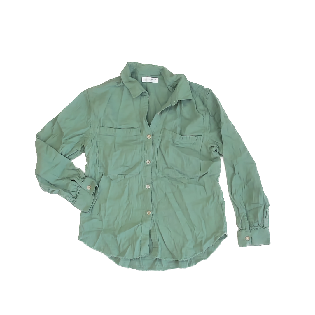 Zara Girls Green Button Down Long Sleeve Size: 13-14 Years Green