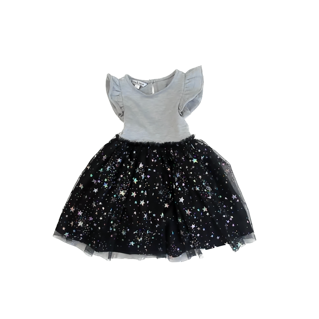 Pippa & Julie Girls Grey | Black | Silver Stars Dress Size: 2T Grey | Black | Silver Stars
