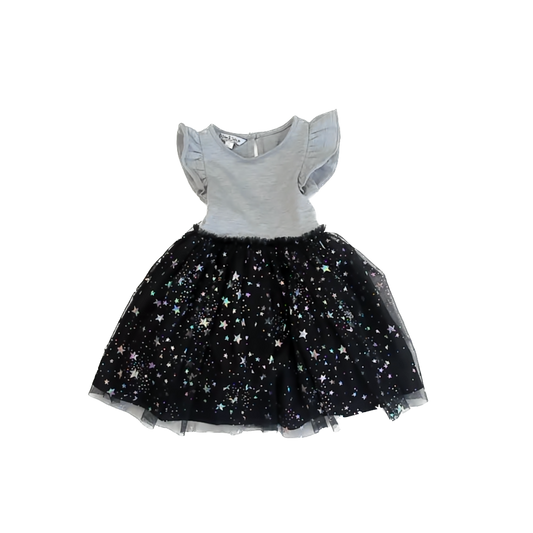 Pippa & Julie Girls Grey | Black | Silver Stars Dress Size: 2T Grey | Black | Silver Stars