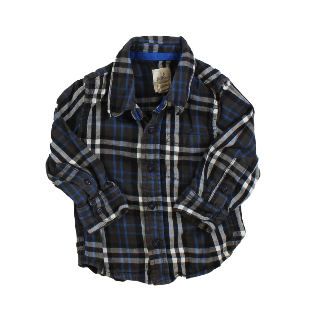 Peek Boys Grey | Blue | Plaid Button Down Long Sleeve Size: 12-18 Months Grey | Blue | Plaid