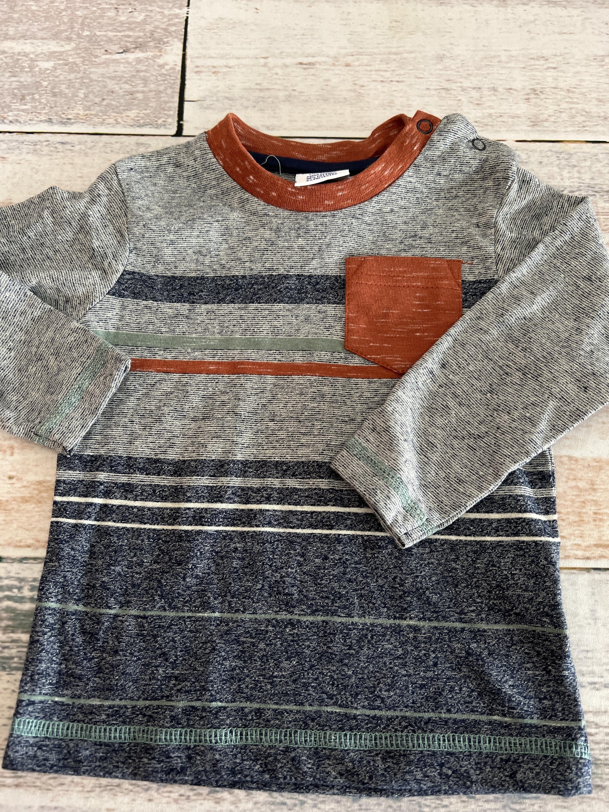 Bear Camp Boys Grey | Forest Green | Rust | Stripe Long Sleeve Shirt Size: 12M Grey | Forest Green | Rust | Stripe