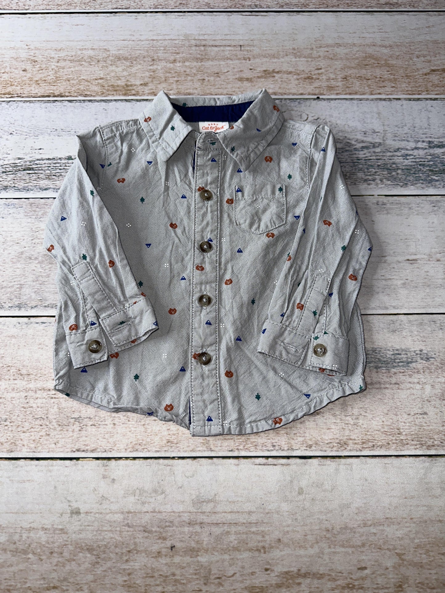 Cat & Jack Boys Grey | Light Blue | Forest Green Button Down Short Sleeve Size: 6-9 months Grey | Light Blue | Forest Green