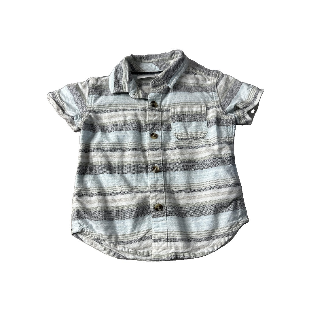KoalaKids Boys Grey | Light Blue | Stripe Button Down Short Sleeve Size: 6-9 months Grey | Light Blue | Stripe
