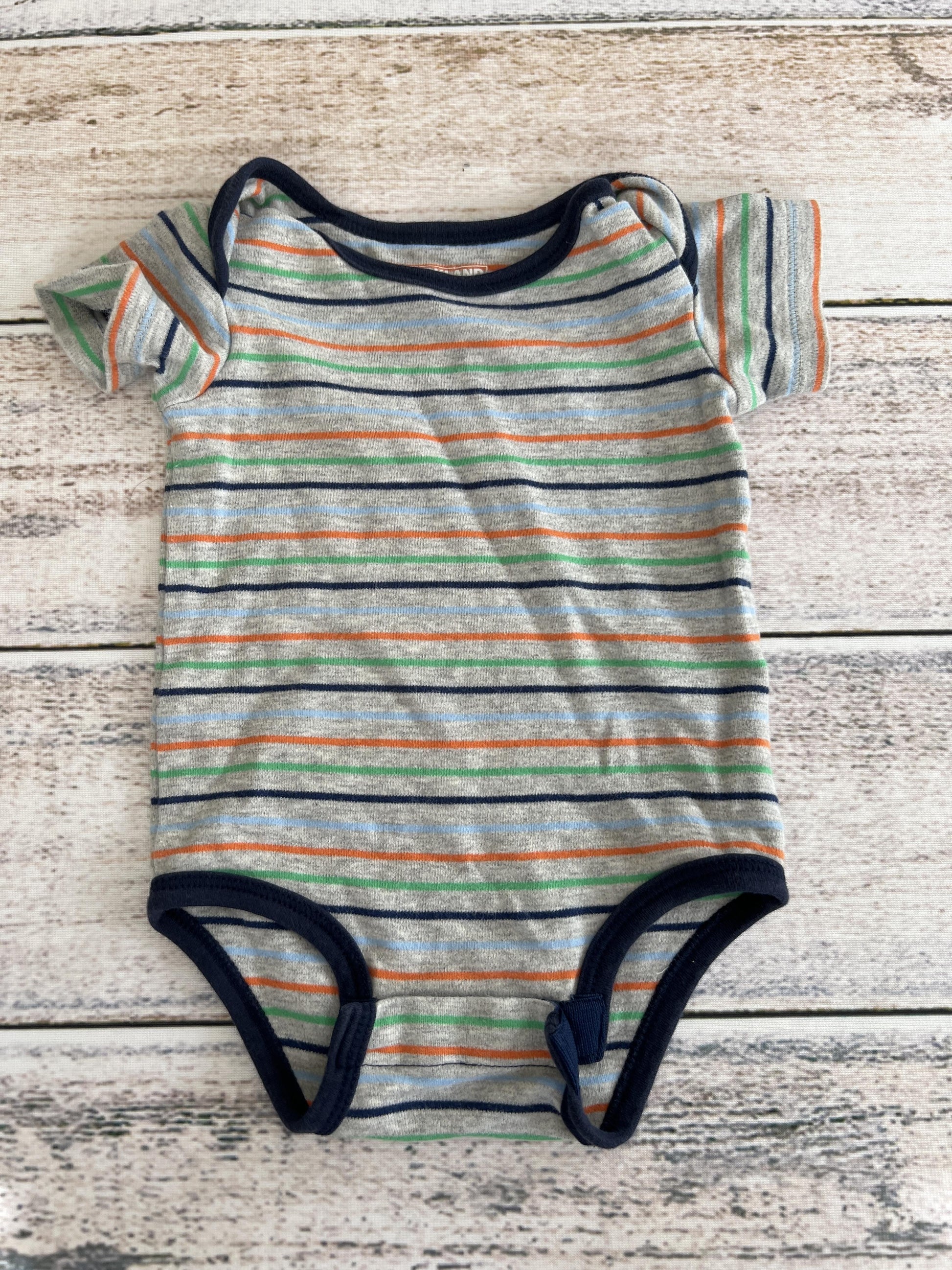 Kirkland Boys Grey | Navy Blue | light green | Stripe Onesie Size: 3-6 months Grey | Navy Blue | light green | Stripe