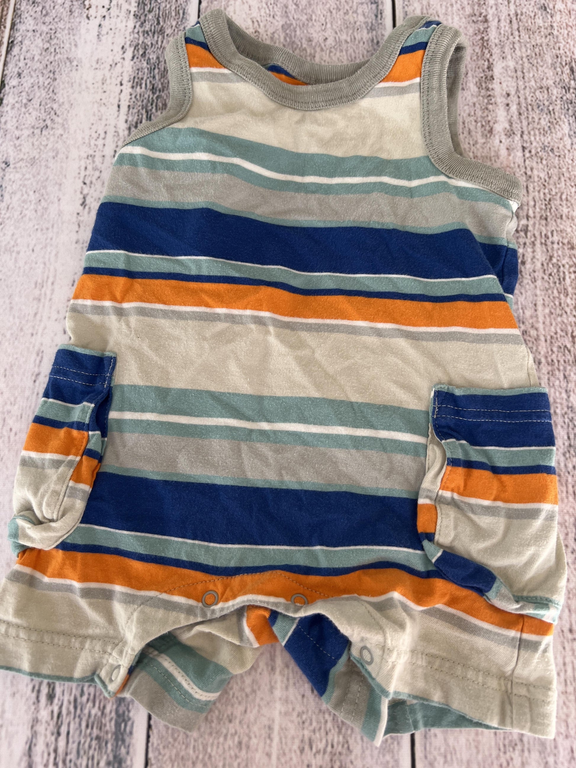 Tea Boys Grey | Navy Blue | orange | Stripe Romper Size: 6-12 months Grey | Navy Blue | orange | Stripe