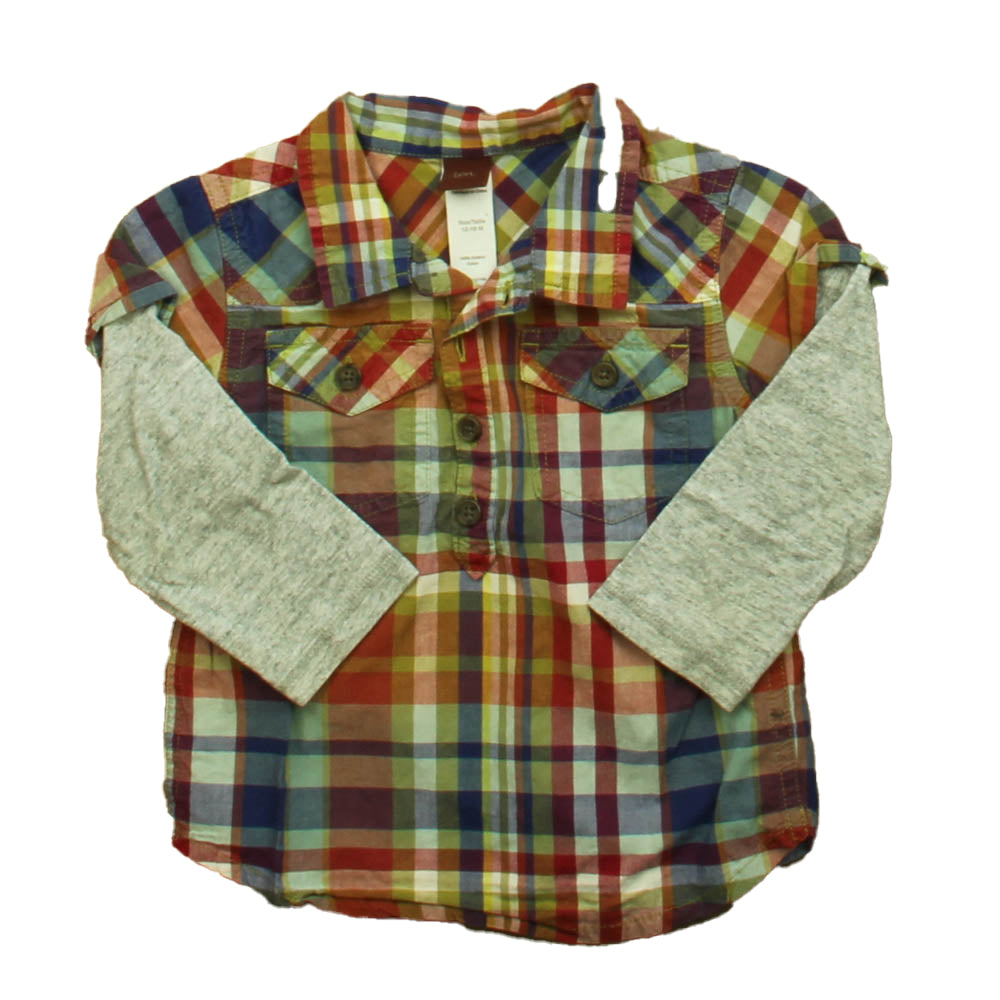 Tea Boys Grey | Red | Blue Button Down Long Sleeve Size: 12-18 Months Grey | Red | Blue