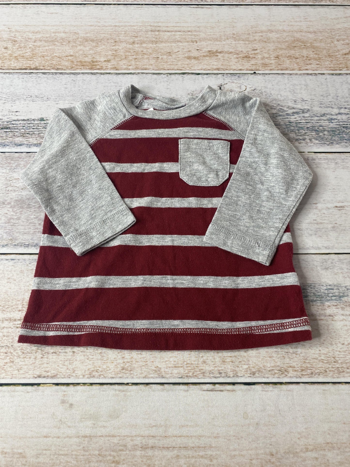 Okie Dokie Boys Grey | Red | Striped Long Sleeve Shirt Size: 6 months Grey | Red | Striped