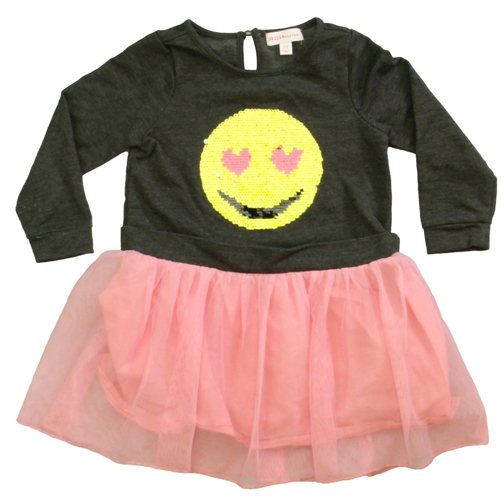Design History Girls Grey | Sequin Smiley Face | Pink Tulle Dress Size: 2T Grey | Sequin Smiley Face | Pink Tulle