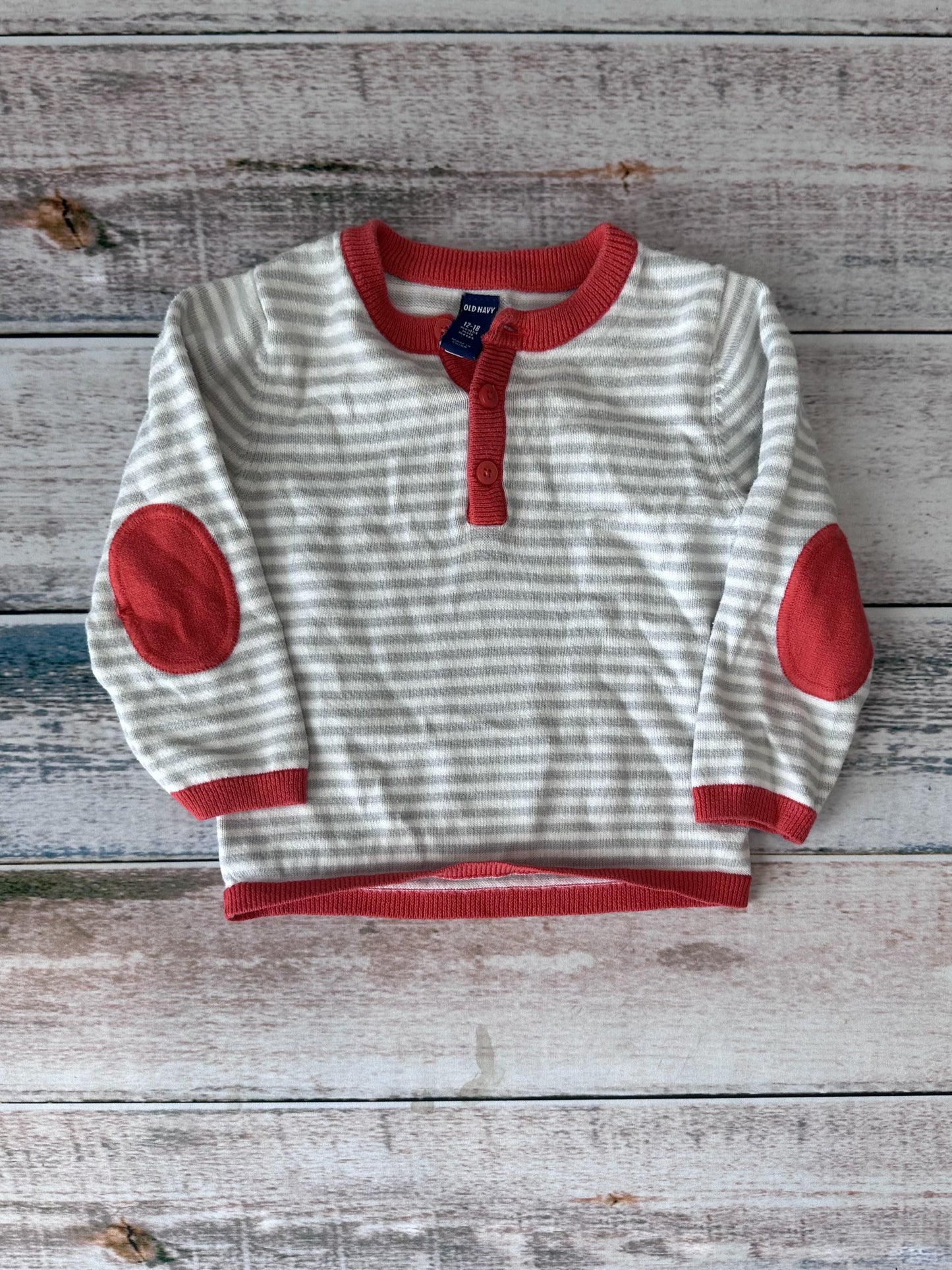 Old Navy Unisex Grey | White | Stripe | Red Sweater Size: 12-18 months Grey | White | Stripe | Red