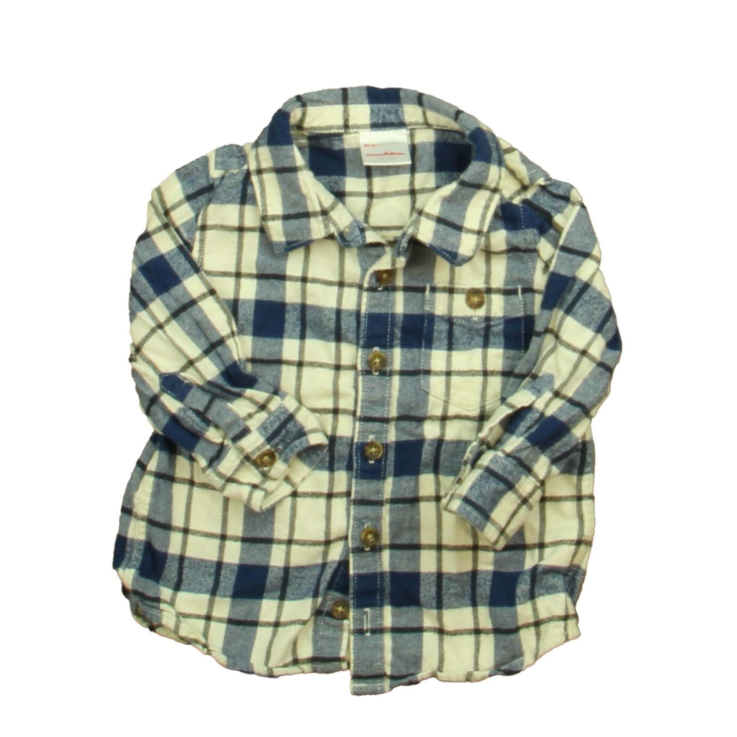 Hanna Andersson Boys Ivory | Blue | Black Plaid Button Down Long Sleeve Size: 18-24 Months Ivory | Blue | Black Plaid