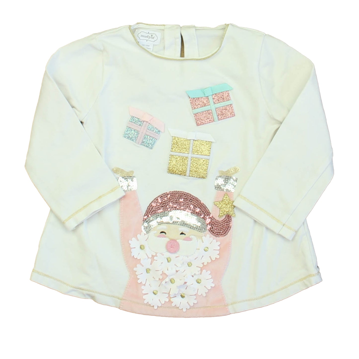 Mudpie Girls Ivory Santa Long Sleeve T-Shirt Size: 12-18 Months Ivory Santa