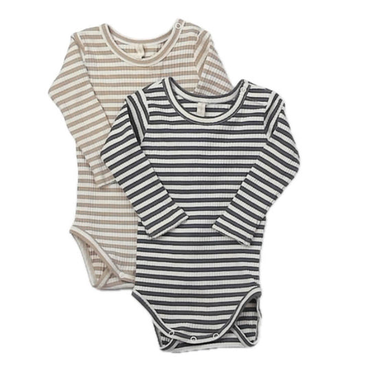 Quincy Mae Boys Khaki | Gray Stripe Onesie Size: 3-6 Months Khaki | Gray Stripe