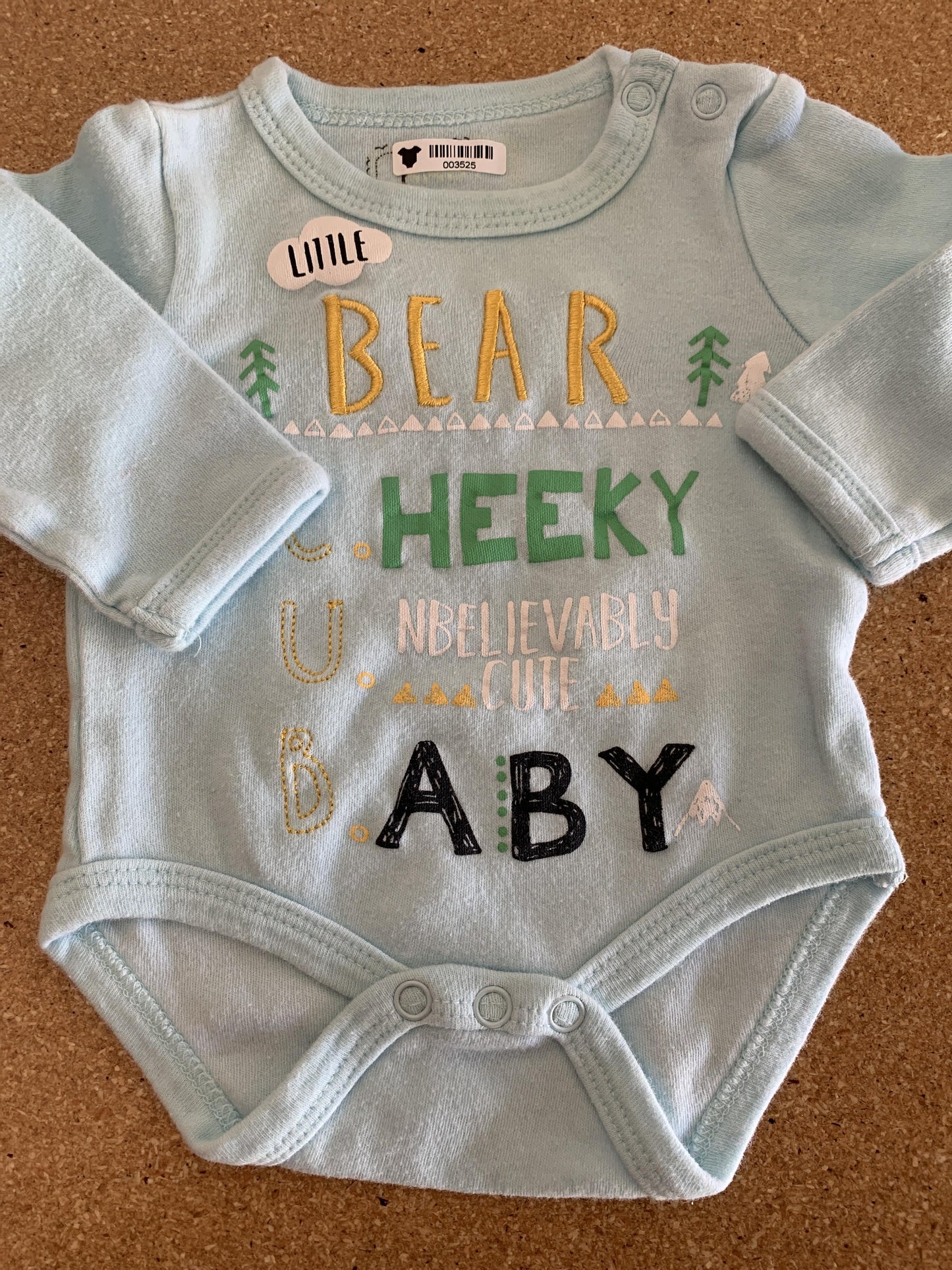 Boys Light Blue | green | Yellow Onesie Size: 0-3 months Light Blue | green | Yellow