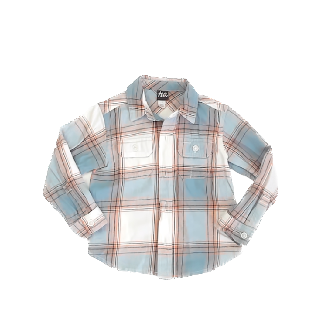 Tea Collection Boys Light Blue | Orange Stripe Flannel Button Down Long Sleeve Size: 3T Light Blue | Orange Stripe Flannel