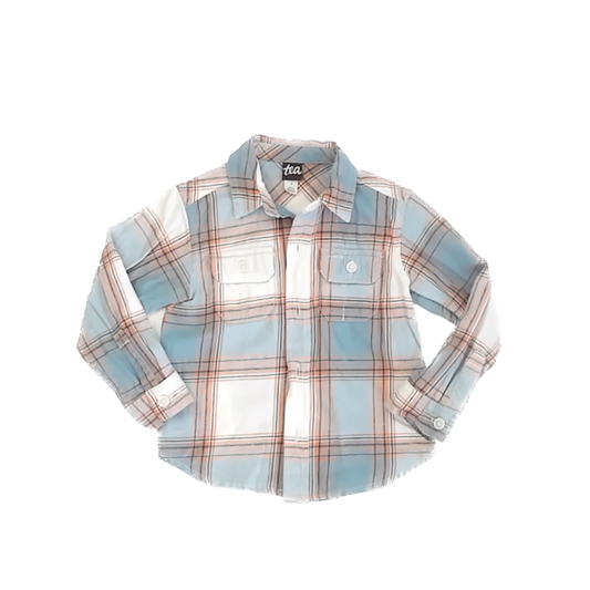 Tea Collection Boys Light Blue | Orange Stripe Flannel Button Down Long Sleeve Size: 3T Light Blue | Orange Stripe Flannel
