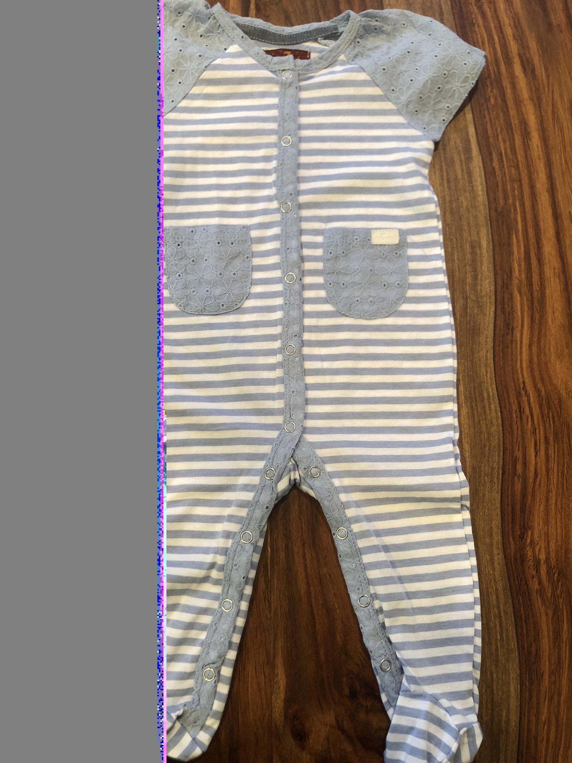 7 For All Mankind Girls Light Blue | White | Striped Romper Size: 6-9 months Light Blue | White | Striped