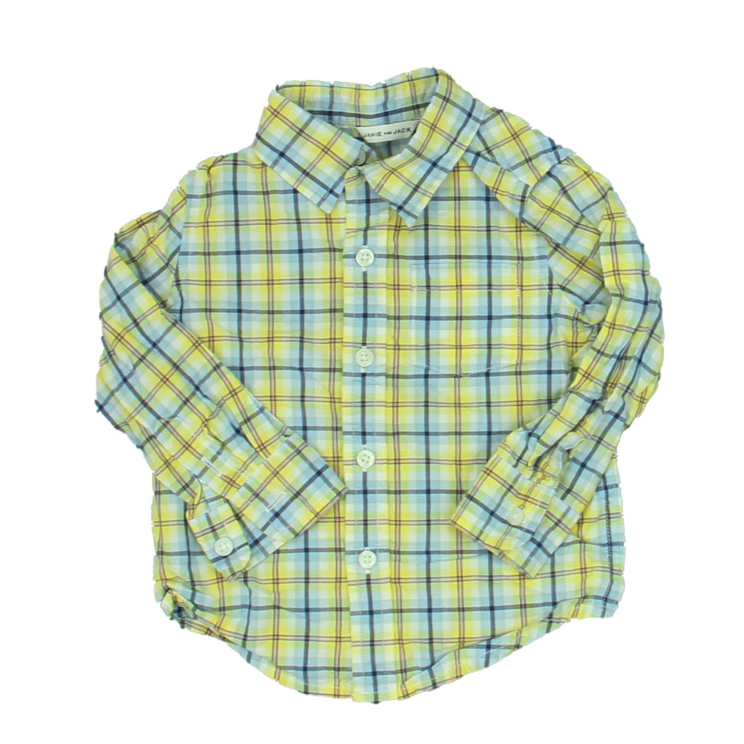 Janie and Jack Boys Light Blue | Yellow Plaid Button Down Long Sleeve Size: 12-18 Months Light Blue | Yellow Plaid