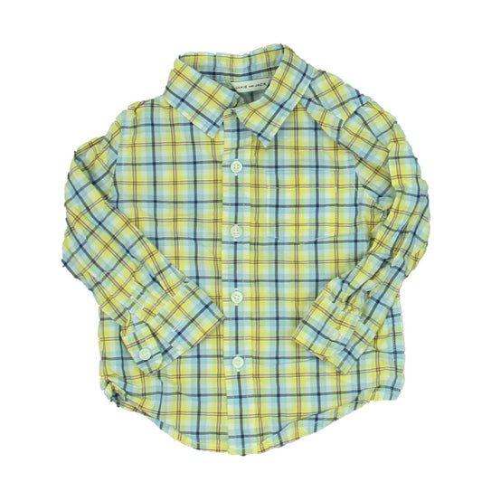 Janie and Jack Boys Light Blue | Yellow Plaid Button Down Long Sleeve Size: 12-18 Months Light Blue | Yellow Plaid