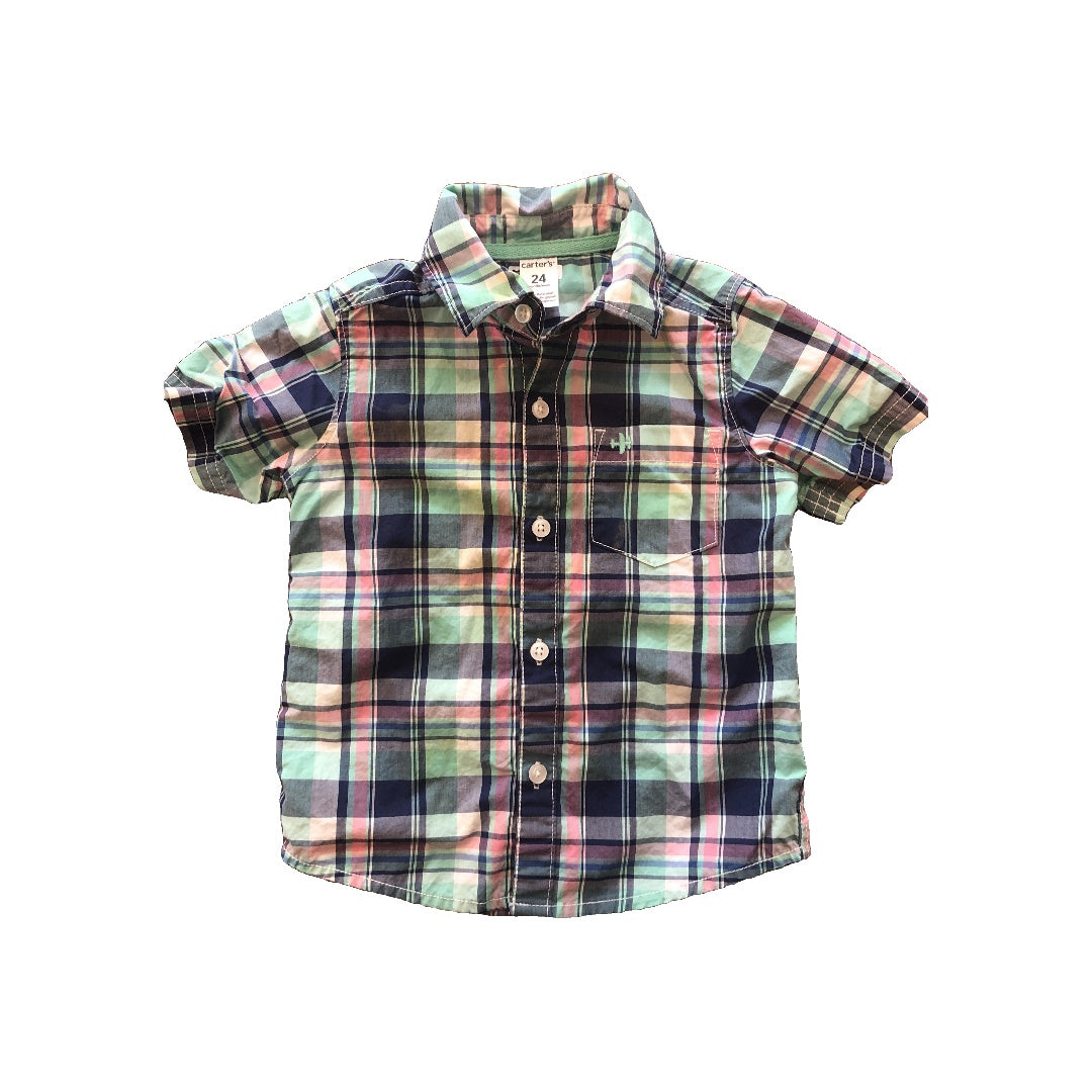 Carters Boys light green | pink | Light Blue | plaid Button Down Short Sleeve Size: 2 years light green | pink | Light Blue | plaid