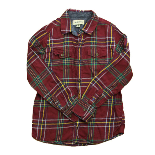 Lands' End Boys Maroon Plaid Button Down Long Sleeve Size: 10-12 Years