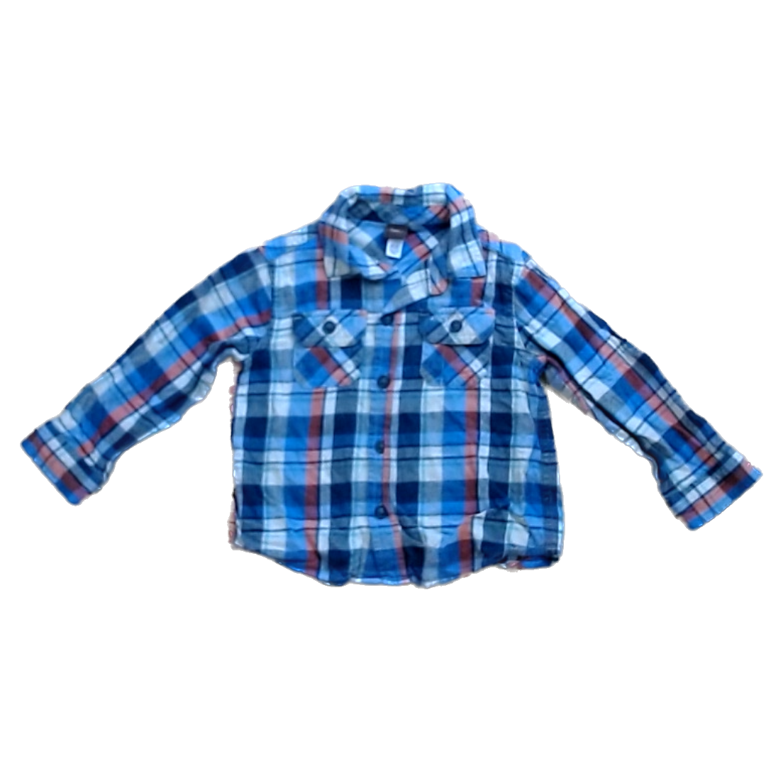 Tea Collection Boys Navy Blue and Orange Flannel Button Down Long Sleeve Size: 18-24 Months Navy Blue and Orange Flannel
