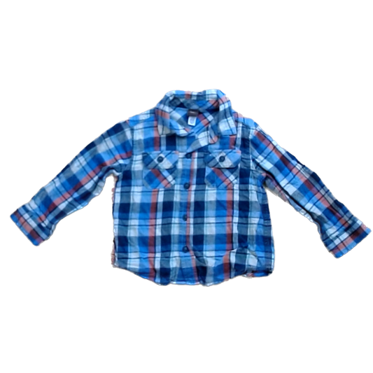 Tea Collection Boys Navy Blue and Orange Flannel Button Down Long Sleeve Size: 18-24 Months Navy Blue and Orange Flannel