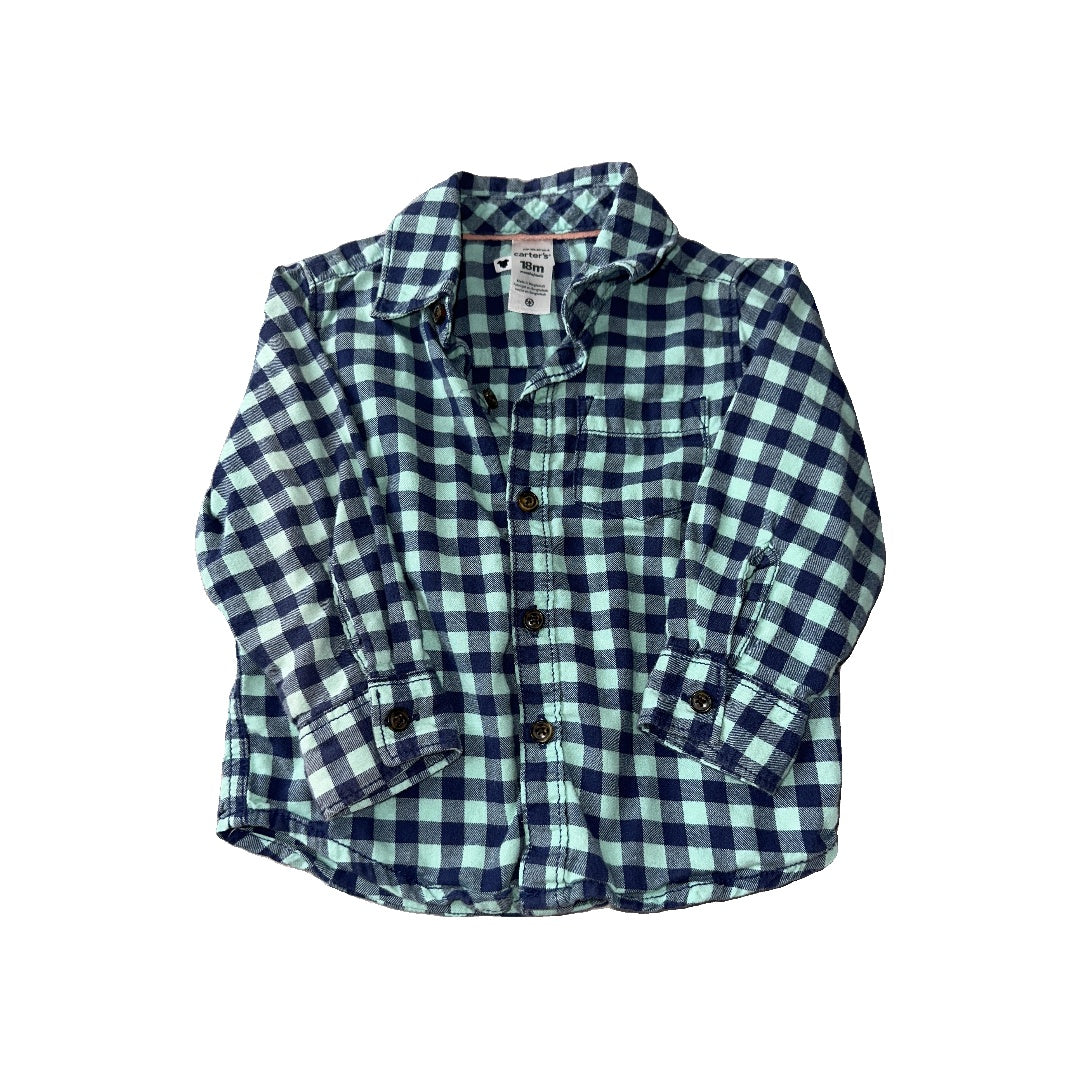 Carters Boys Navy Blue | Check | green Button Down Short Sleeve Size: 18 months Navy Blue | Check | green