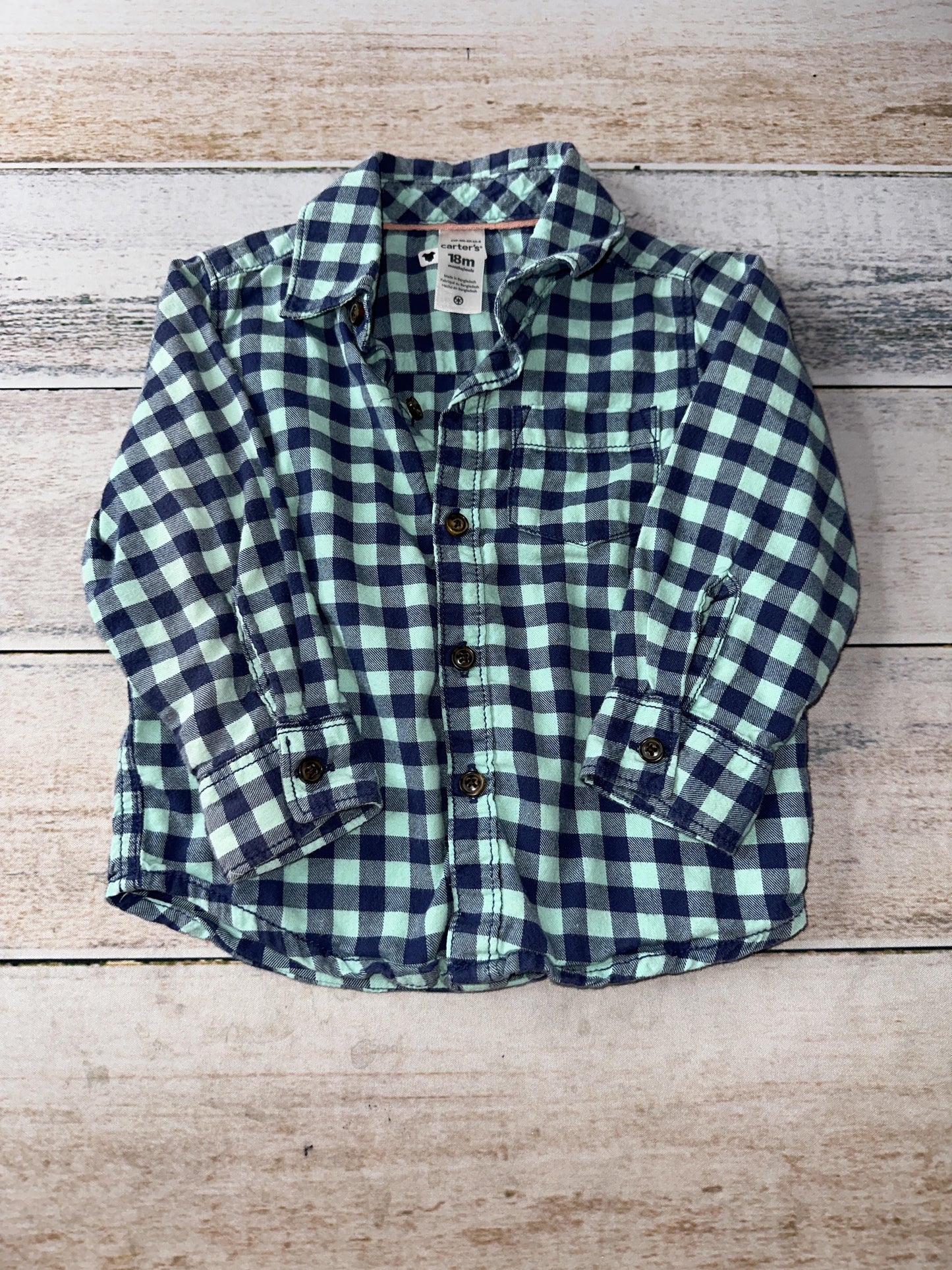 Carters Boys Navy Blue | Check | green Button Down Short Sleeve Size: 18 months Navy Blue | Check | green