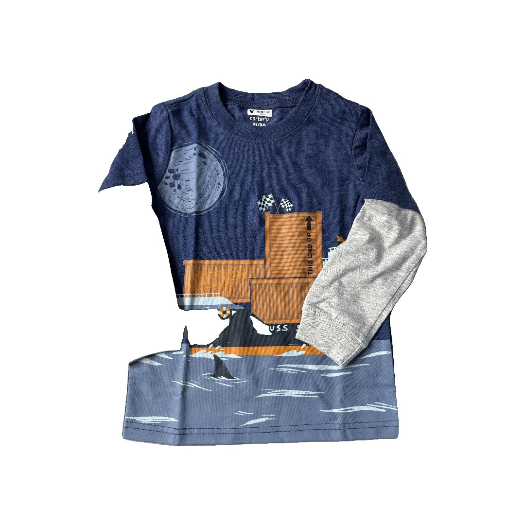 Carters Boys Navy Blue | Grey Long Sleeve T-Shirt Size: 3T Navy Blue | Grey