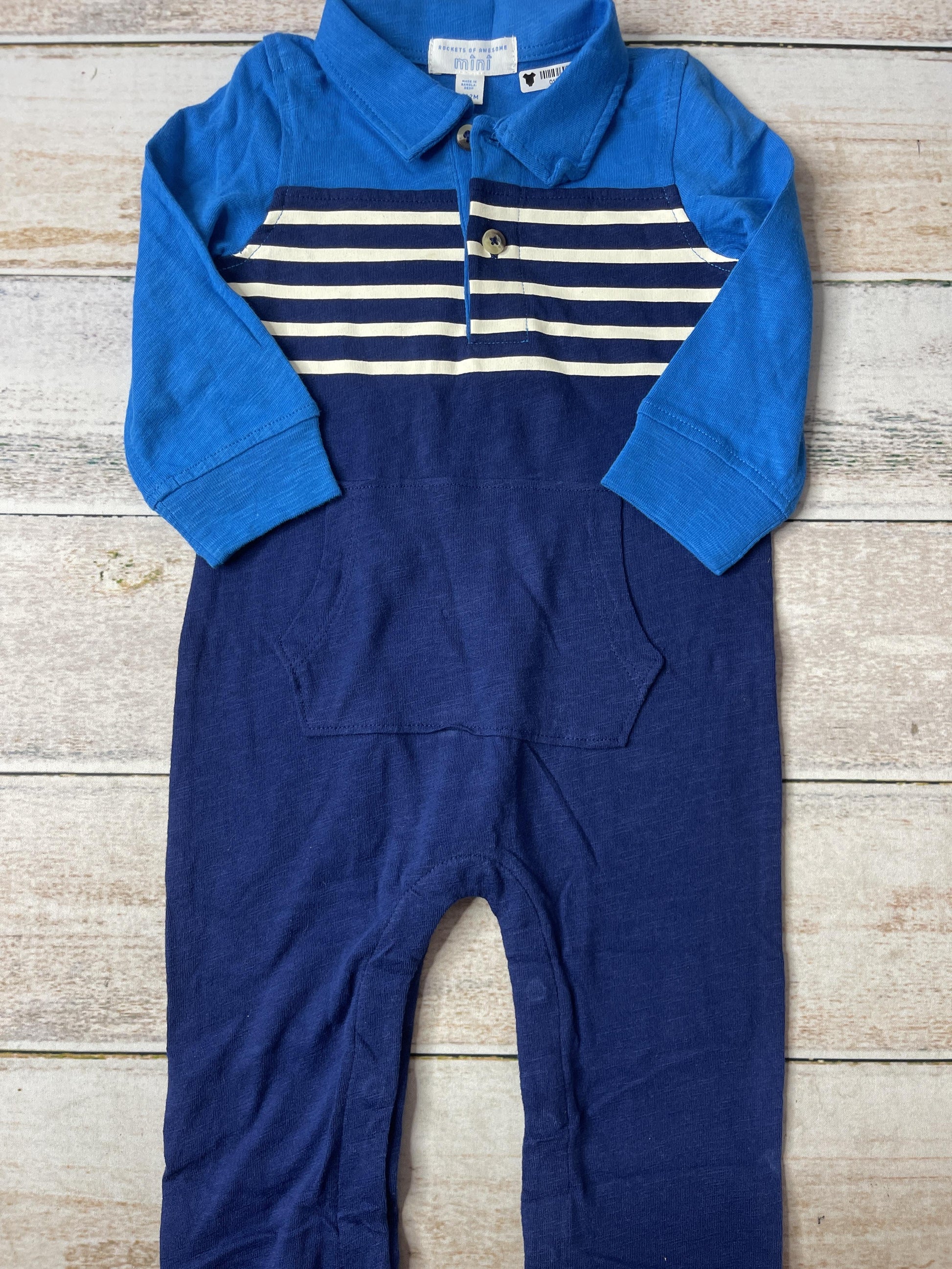 Rockets of Awesome Boys Navy Blue | Light Blue | White | Stripe Long Sleeve Outfit Size: 6-12 months Navy Blue | Light Blue | White | Stripe