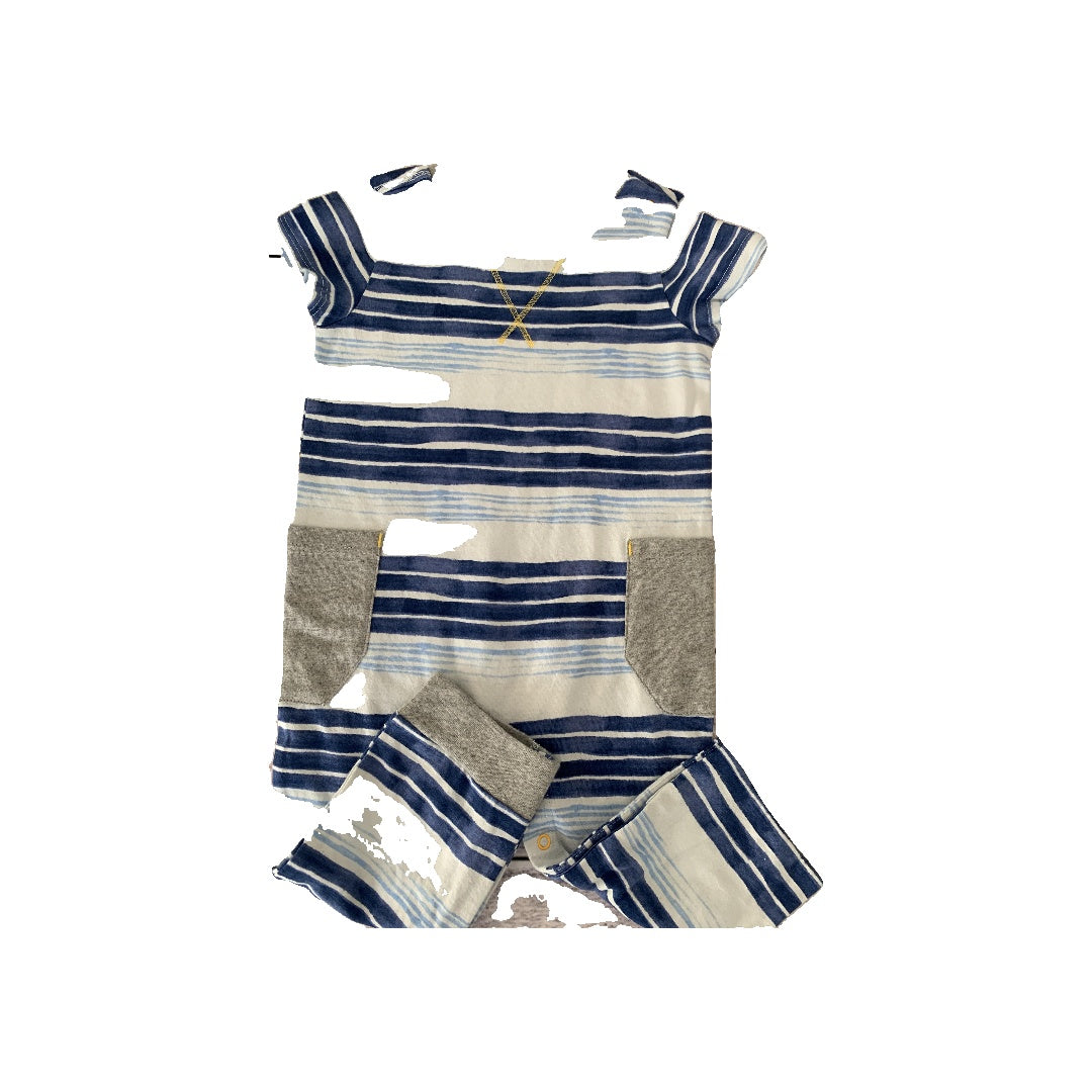 Burt's Bees Boys Navy Blue | Light Blue | White | Yellow | Stripe Romper Size: 3-6 months Navy Blue | Light Blue | White | Yellow | Stripe
