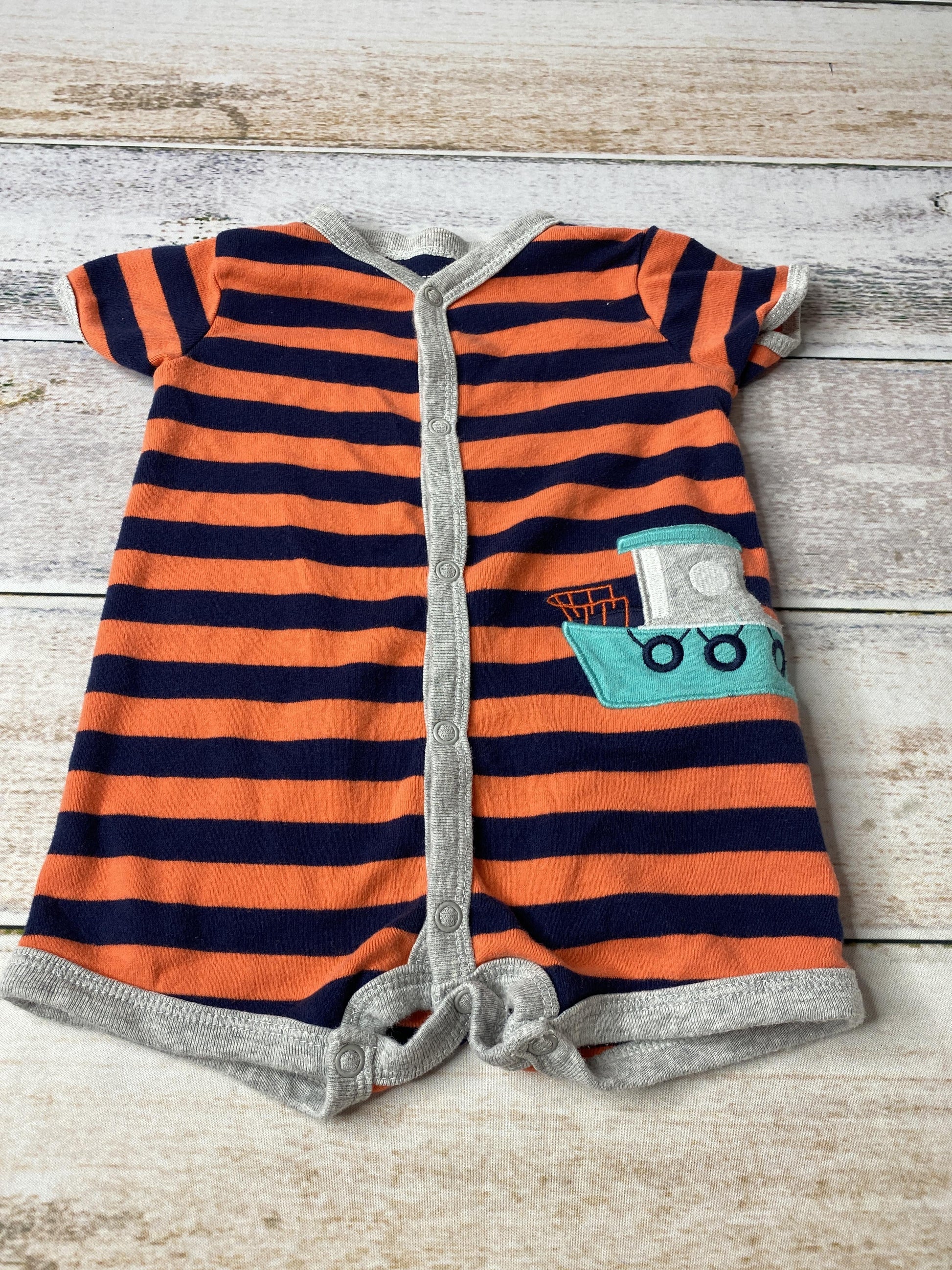 Carters Boys Navy Blue | orange | Stripe | Boats Romper Size: 3 months Navy Blue | orange | Stripe | Boats