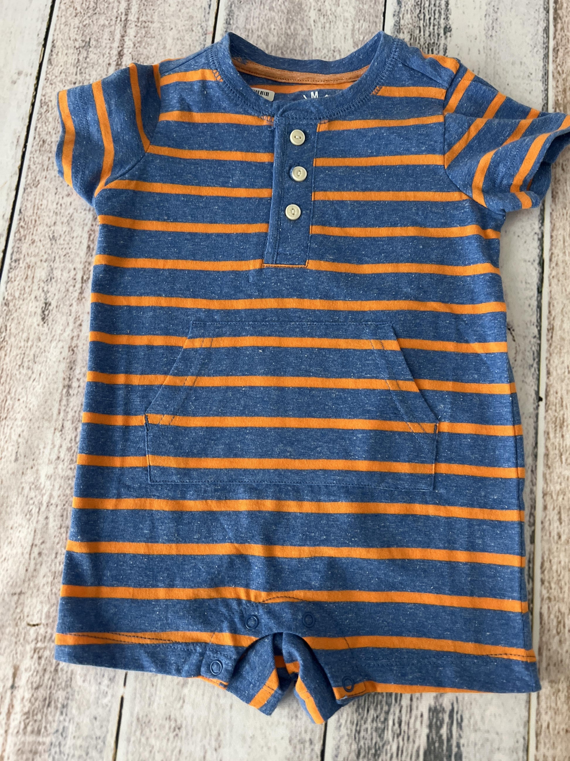 Primary Boys Navy Blue | orange | Stripe Romper Size: 6-12 months Navy Blue | orange | Stripe